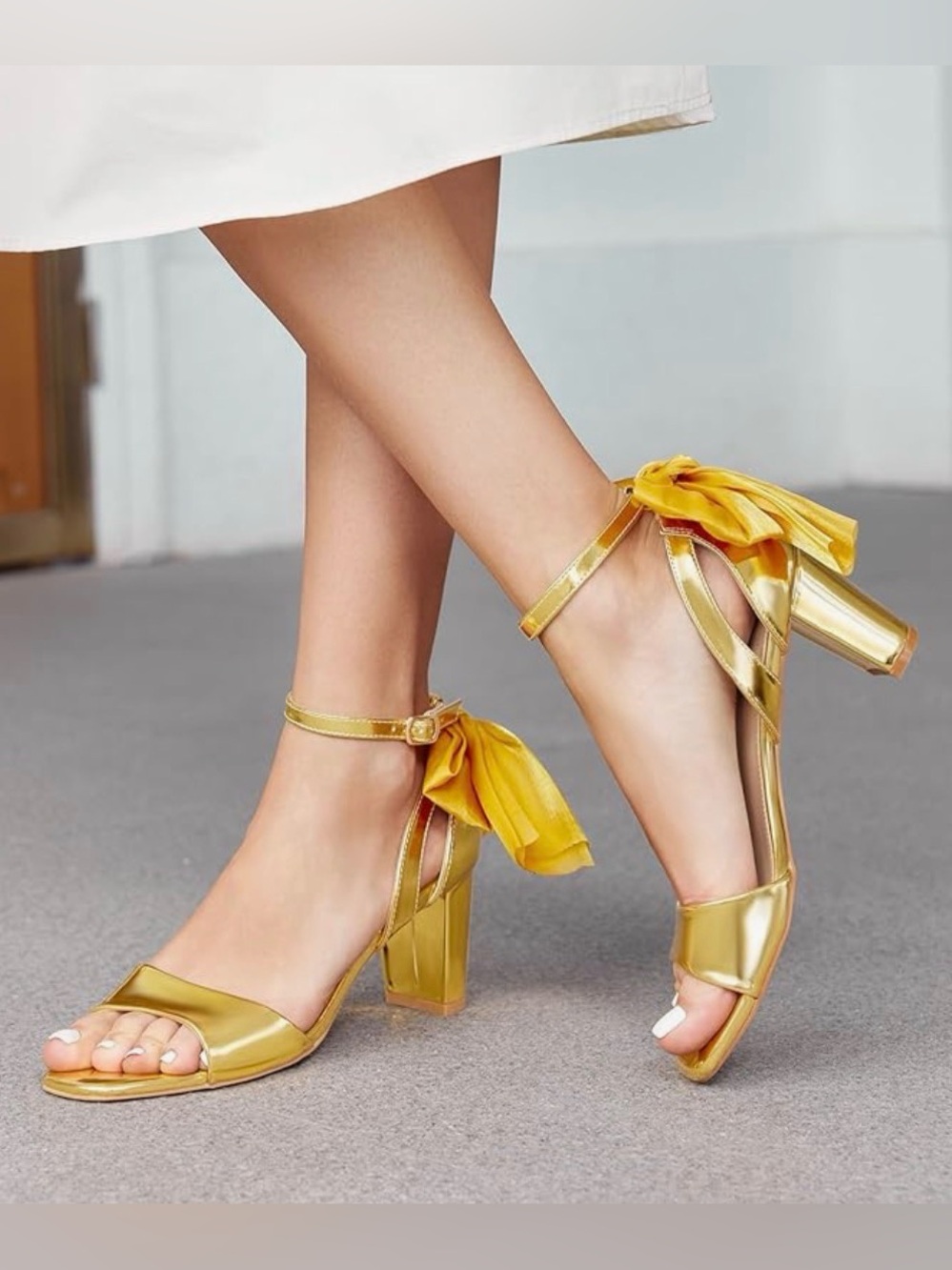 Metallic Gold Block Heel Sandals with Bow Accent